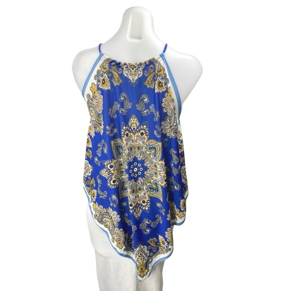 Zara Blue Floral Paisley Sleeveless Scarf Asymmetric High Neck Tank Blouse Top S - Picture 3 of 6